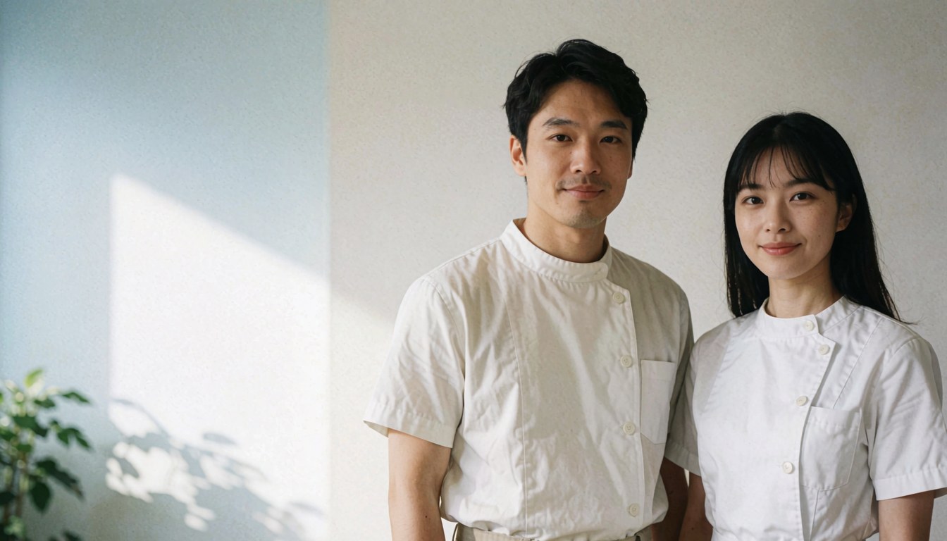 Two individuals wearing white kitchen uniforms standing against a white wall with natural light in a professional setting