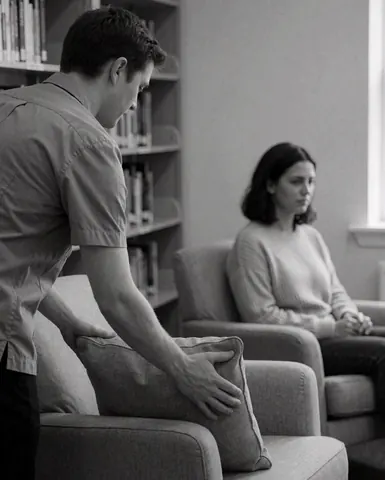 Staff member adjusting a cushion on a reading chair in a writing school library with bookshelves and gray walls.