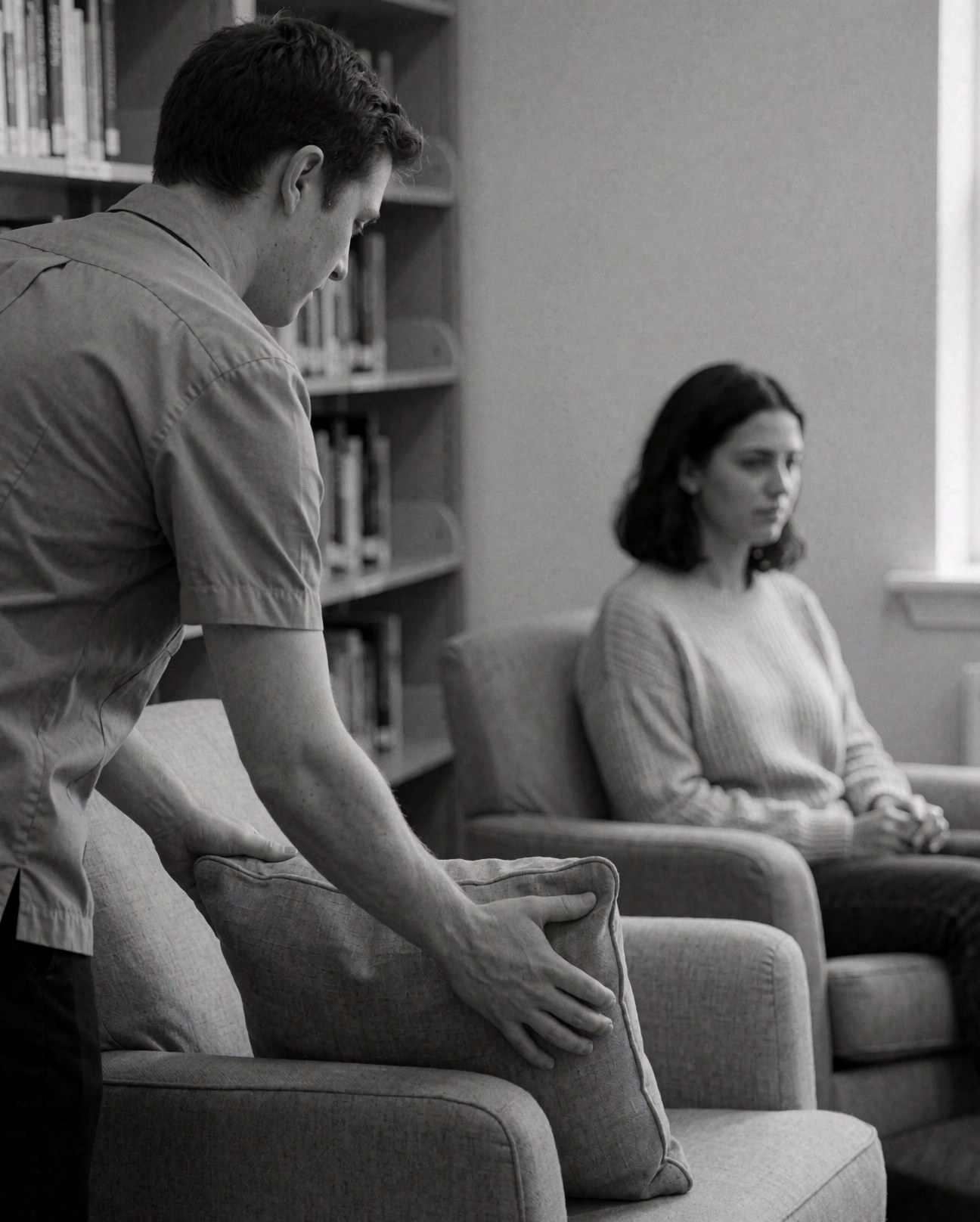 Staff member adjusting a cushion on a reading chair in a writing school library with bookshelves and gray walls.