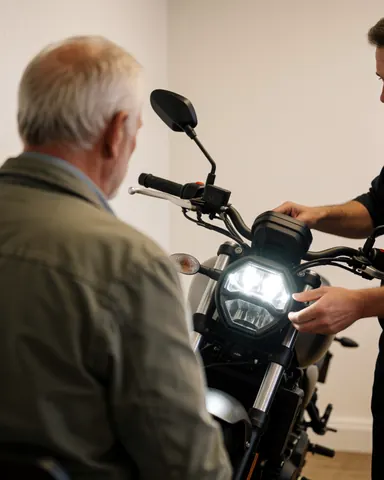 A customer inspects a new LED headlight on a motorcycle while a mechanic adjusts it in a workshop with white walls and warm light.