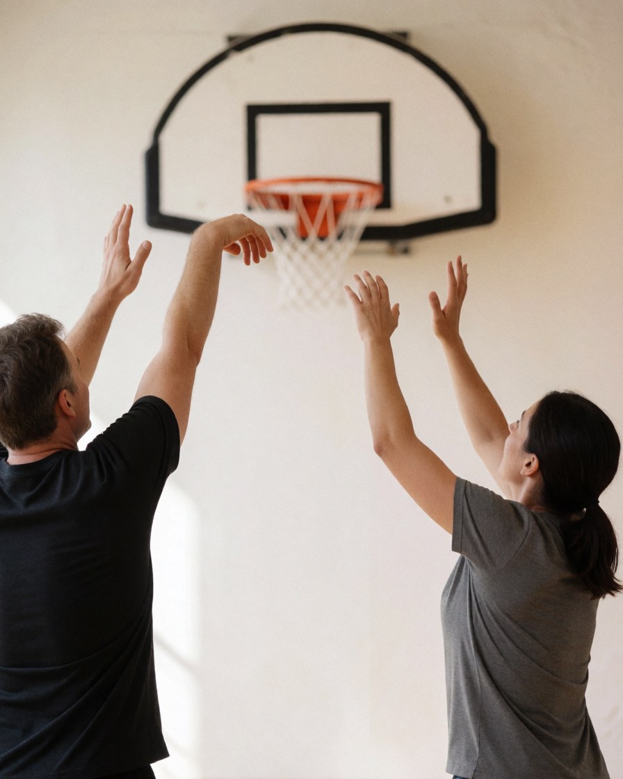 Two individuals playing basketball in a gym with white walls and natural light, showing the basketball hoop.