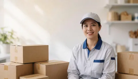 A smiling woman in a logistics uniform surrounded by cardboard boxes, suitable for delivery or transport services.