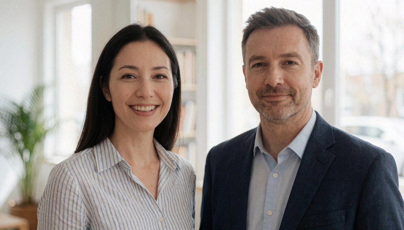 Two smiling professionals in a bright modern office with white walls and natural light, ideal for professional services