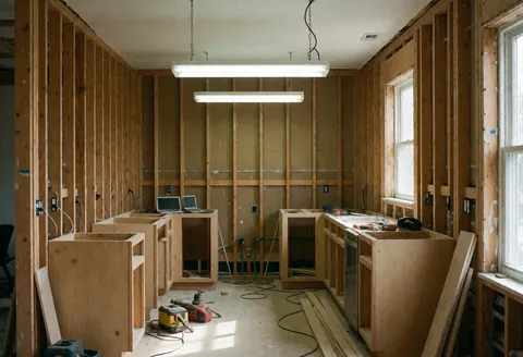 Kitchen installation in progress featuring wooden cabinetry, slat walls, hanging lights, and tools on the floor.
