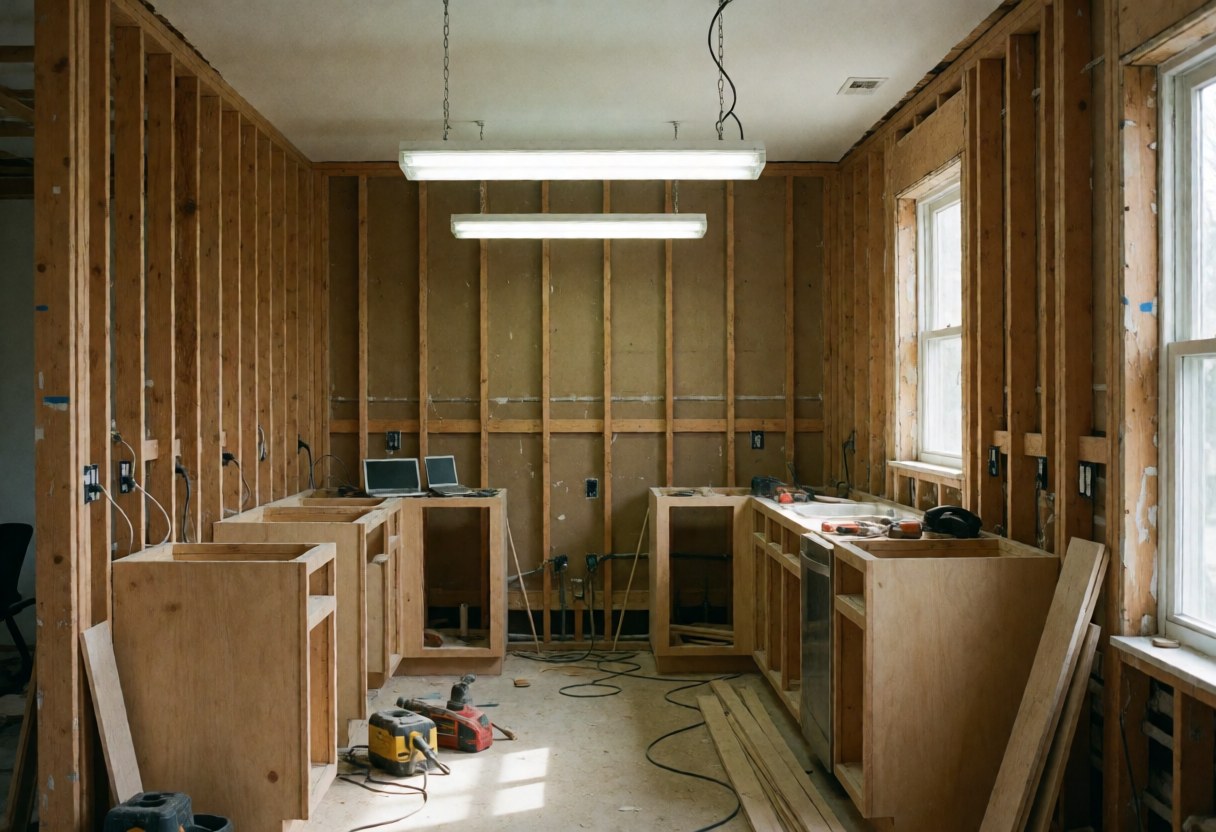 Kitchen installation in progress featuring wooden cabinetry, slat walls, hanging lights, and tools on the floor.