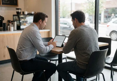 Two men in a contemporary cafe check digital documents on a tablet, featuring natural light and modern furniture.