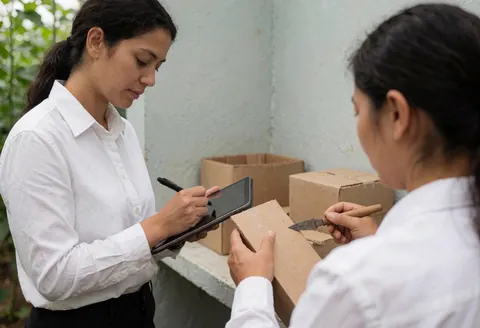 A consultant examines cardboard boxes using a cutter while another person works in the background of a gray-walled warehouse.