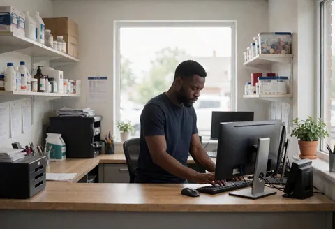 A man works on a computer in an office with shelves and natural light, showing a professional and tidy environment.