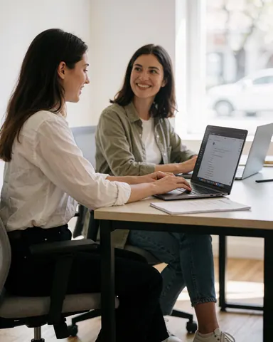 Two women collaborating on laptops in a bright, modern office space with natural light.