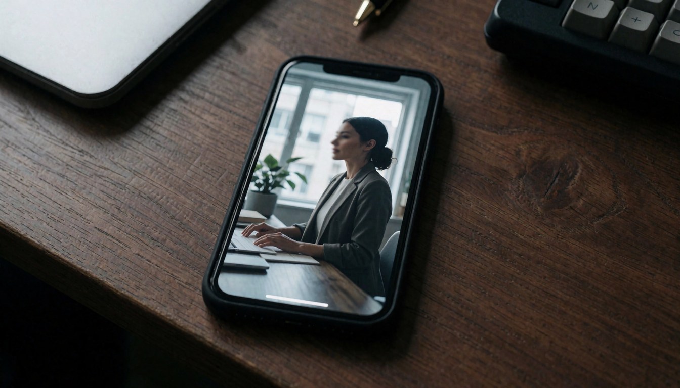 Smartphone on a wooden desk beside a woman working, with plants and natural light, ideal for a business website hero section