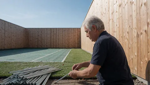 Worker installing metal framework for a tennis court in a backyard with wooden walls and green grass under a clear blue sky.
