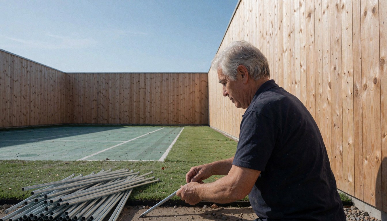 Worker installing metal framework for a tennis court in a backyard with wooden walls and green grass under a clear blue sky.