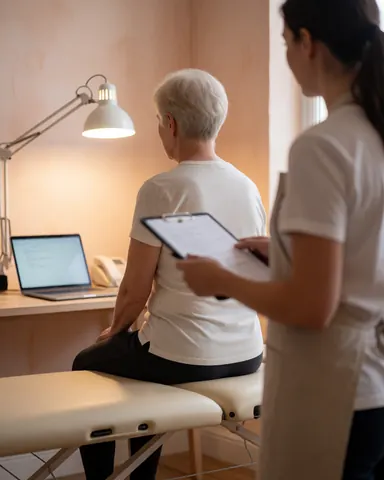 A relaxed client sits on a treatment table while a therapist reviews a file in a bright room with light walls and desk lighting.