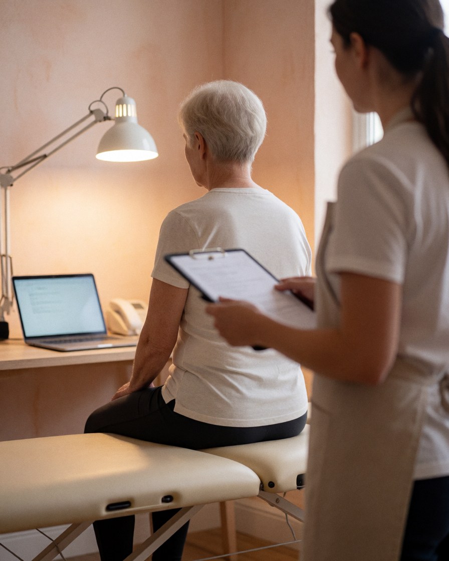 A relaxed client sits on a treatment table while a therapist reviews a file in a bright room with light walls and desk lighting.