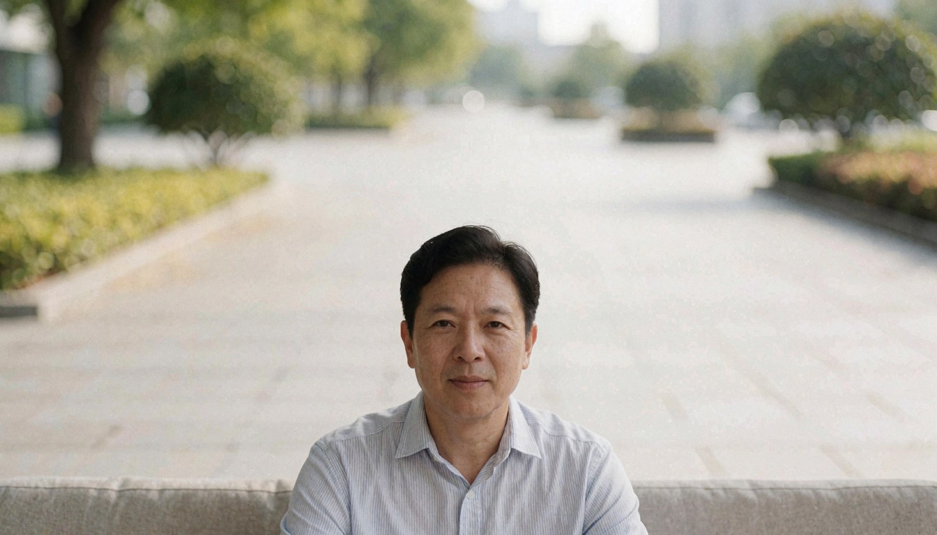 An adult man seated on a bench in a garden patio with trees and paths, suitable for business cover images