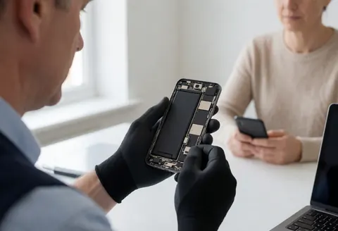Technician repairing a disassembled smartphone in a service shop with white walls and natural light