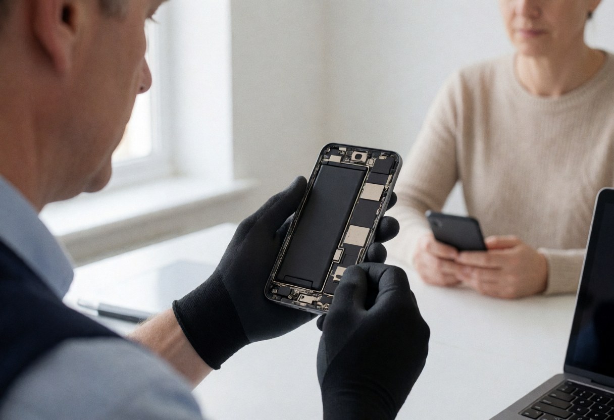 Technician repairing a disassembled smartphone in a service shop with white walls and natural light