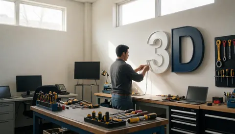 A professional installs a 3D sign on a white wall with tools on a workbench and natural light from high windows.