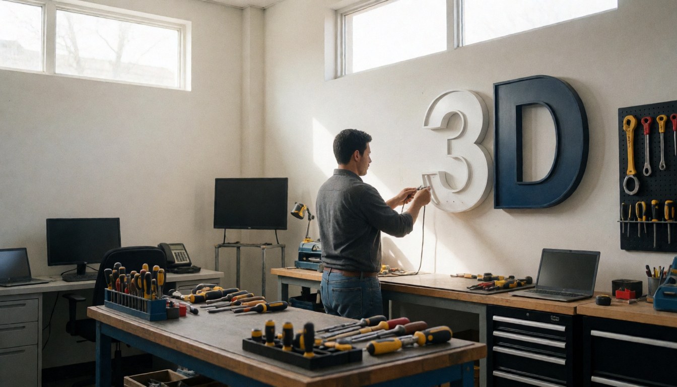 A professional installs a 3D sign on a white wall with tools on a workbench and natural light from high windows.