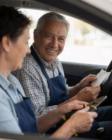 Two people inside a vehicle, one holding tools and the other holding a receipt, both smiling during a work scene.