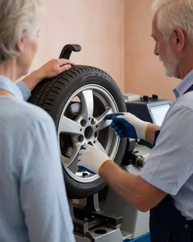 Mechanic wearing gloves adjusts tire on balancer while customer touches it in workshop with light drywall walls