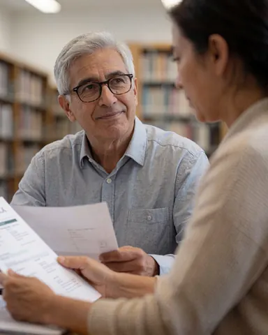 Two professionals reviewing documents in a library with bookshelves and natural light