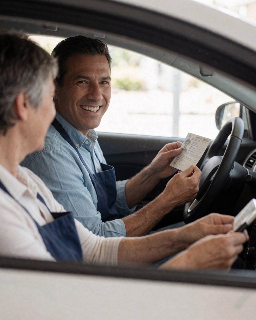 A smiling man holds up his driver license while sitting in a car, with another person looking at a phone nearby during a driving test.