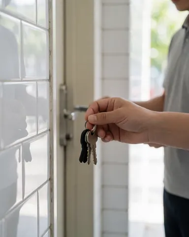 A hand holding keys close to a door lock in a tiled room with natural light, suitable for lock repair services