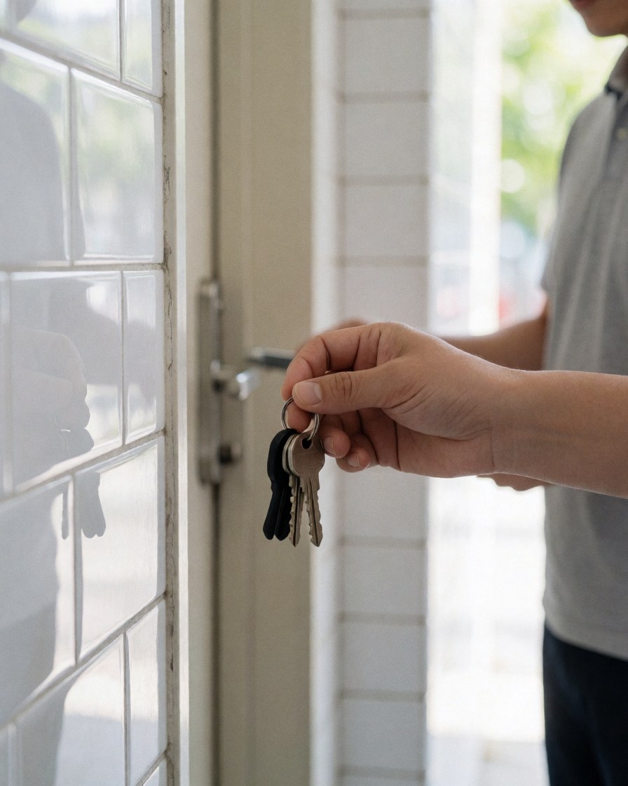 A hand holding keys close to a door lock in a tiled room with natural light, suitable for lock repair services