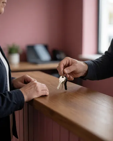 Close-up of hands exchanging keys at a yoga studio reception desk with pink walls and natural light