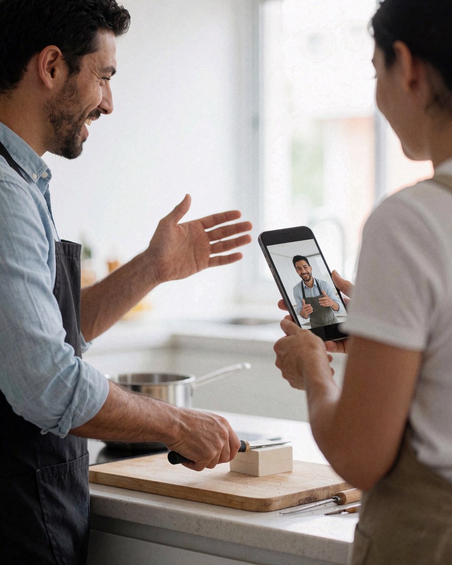 A man wearing an apron cuts wood in a kitchen while talking on a cell phone during a video call.