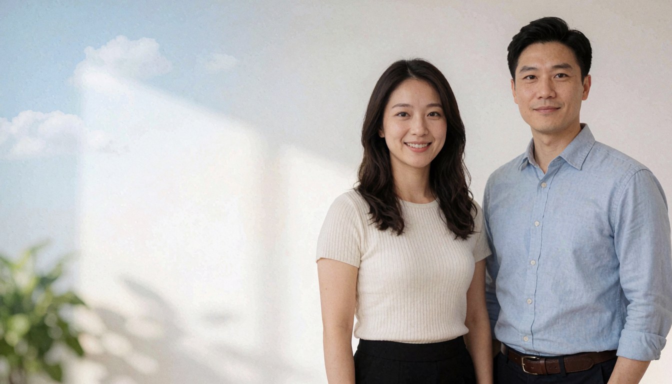 Two smiling individuals standing in an office with a white wall and natural light, suitable for team or professional service presentations.