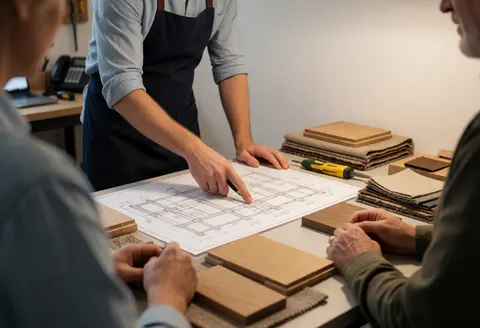 Upholsterer pointing at upholstery plans on a table with fabric and wood samples while a client reviews details in a well-lit workshop.