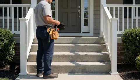 A technician wearing a tool belt inspects concrete stairs near an entrance door, demonstrating professional repair services in action.