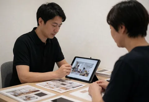A professional reviews images on a tablet with a client, printed samples on a table, white walls, and soft indoor lighting.
