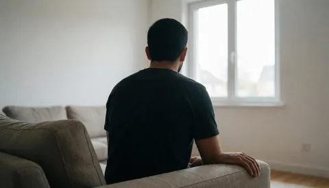 A person seated on a sofa gazing out a window in a bright, modern interior with white walls, suitable for an apartment hotel website hero section.