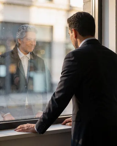 A man in a business suit stands by an office window with natural light, hands on the frame, reflecting a calm professional atmosphere for business use.