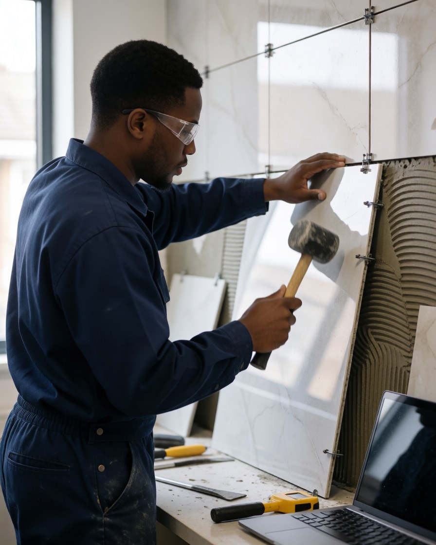 A professional tiler wearing safety glasses uses a rubber mallet to set a large tile on adhesive, with visible spacers on a partially tiled wall.