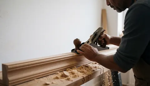 A man using a hand plane to carve wood in a workshop with sawdust and a white wall, suitable for carpentry business services