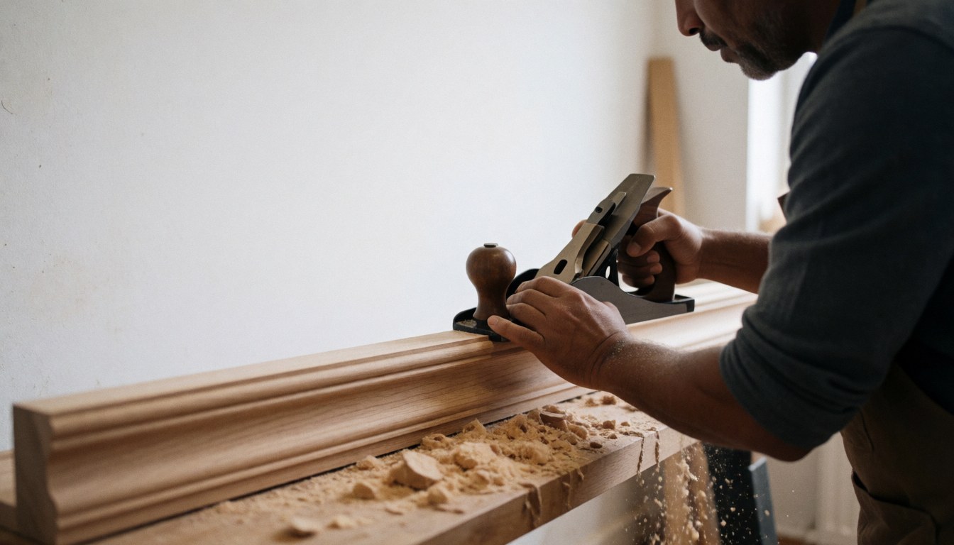 A man using a hand plane to carve wood in a workshop with sawdust and a white wall, suitable for carpentry business services