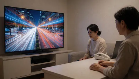 Large television displaying city light trails in a contemporary living room setting for kinetic photography business hero image