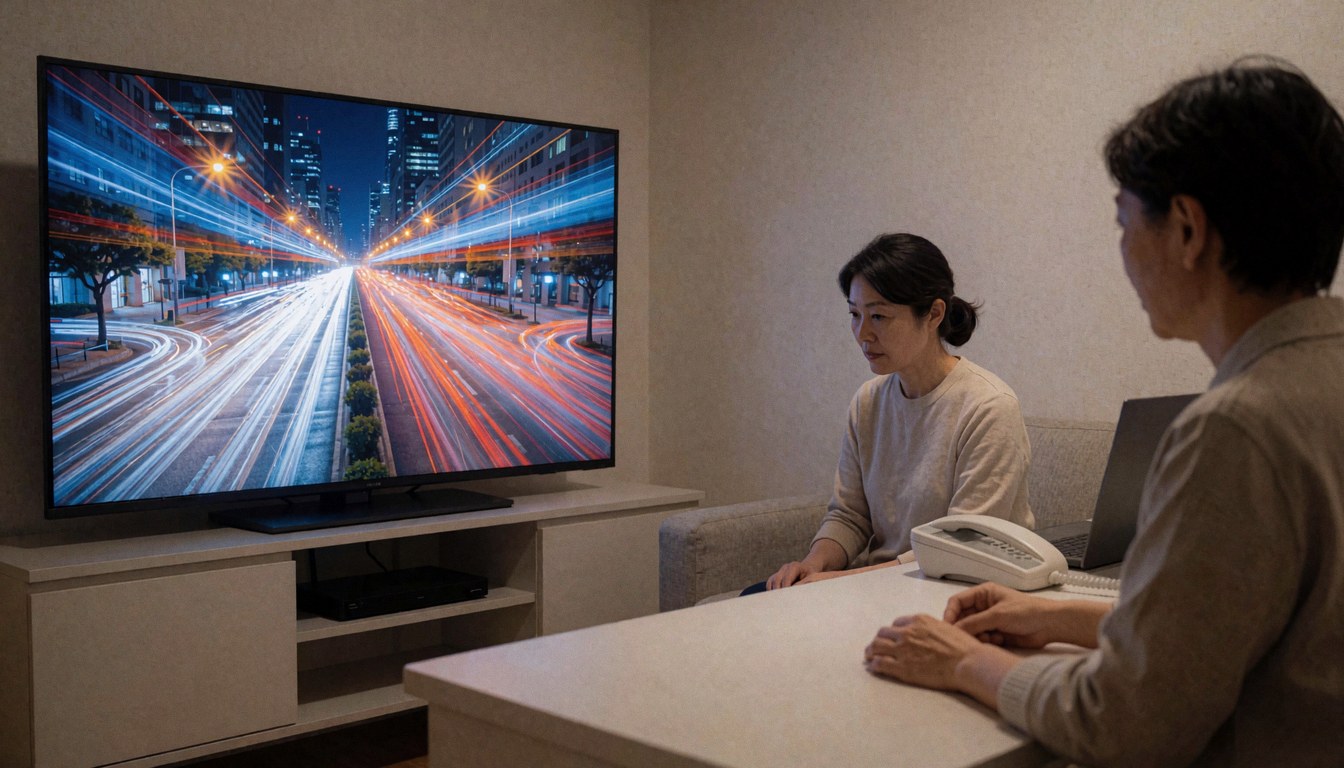 Large television displaying city light trails in a contemporary living room setting for kinetic photography business hero image