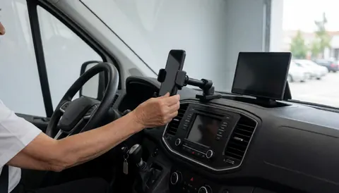 Close-up of a driver's hand adjusting a smartphone mount on the dashboard of a clean pickup truck with navigation screen visible