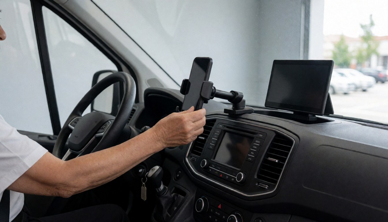 Close-up of a driver's hand adjusting a smartphone mount on the dashboard of a clean pickup truck with navigation screen visible