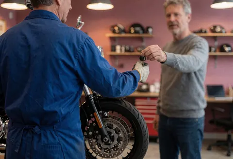 Mechanic in blue uniform hands keys to a customer in front of a motorcycle in a workshop with pink walls and helmets on shelves.