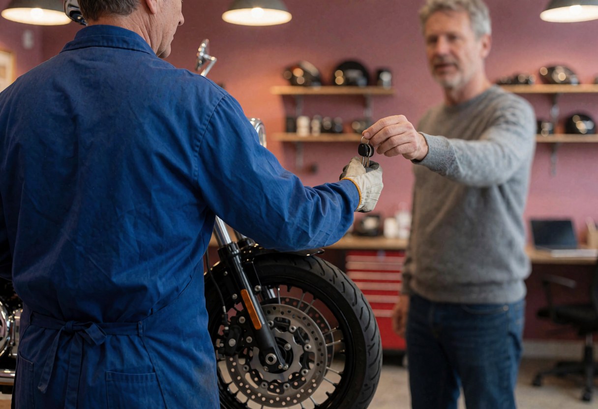 Mechanic in blue uniform hands keys to a customer in front of a motorcycle in a workshop with pink walls and helmets on shelves.