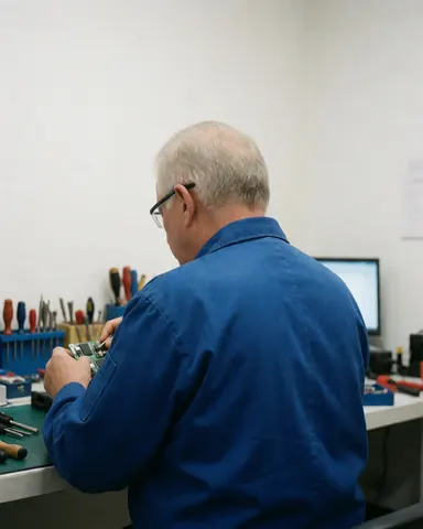 Technician in blue uniform and glasses repairing a tv circuit board on a workbench with organized tools