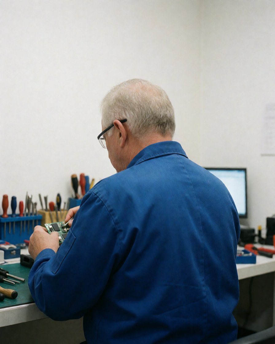 Technician in blue uniform and glasses repairing a tv circuit board on a workbench with organized tools