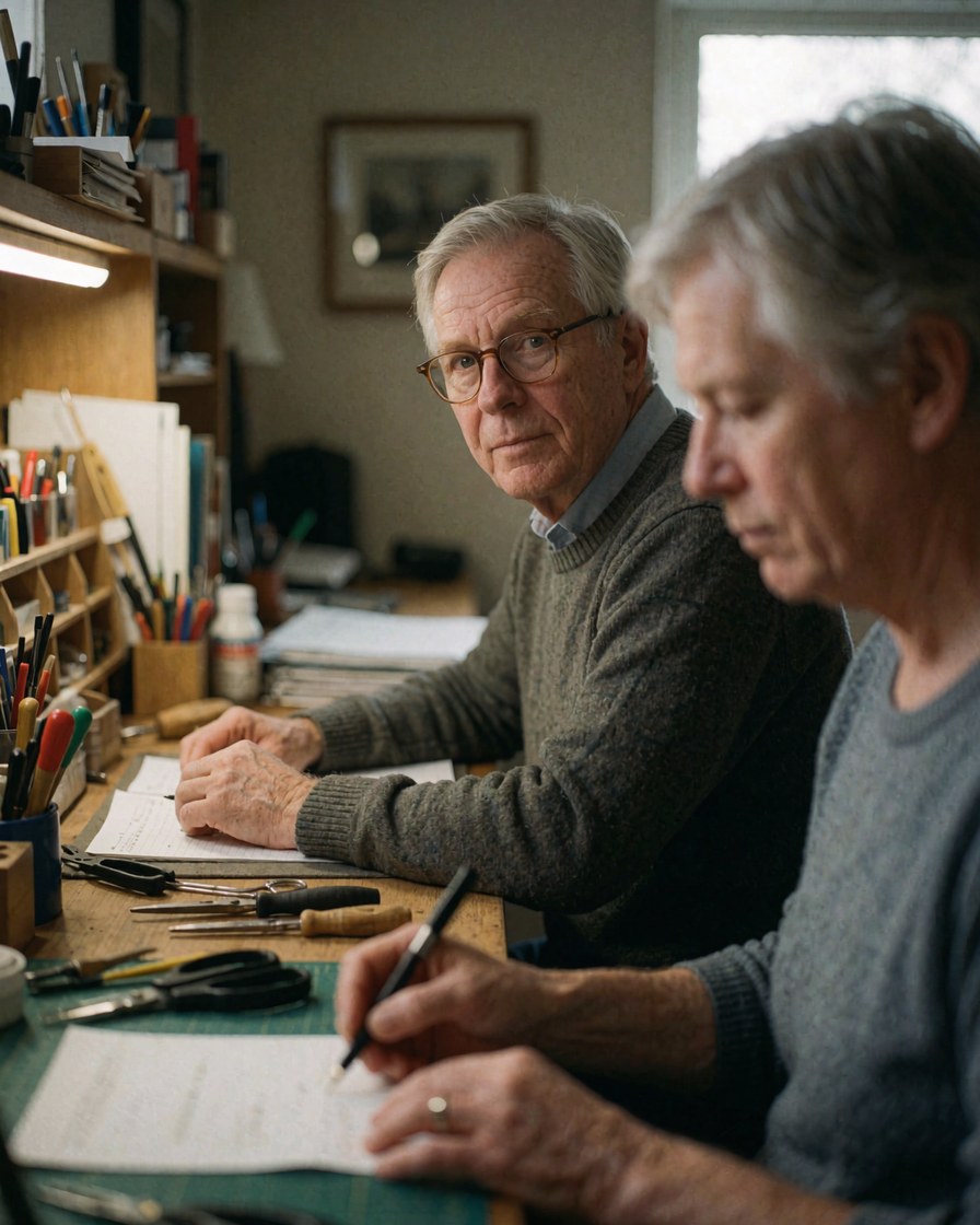 Two adult men working at a desk with drawing tools and papers in a well-lit studio with front lighting.