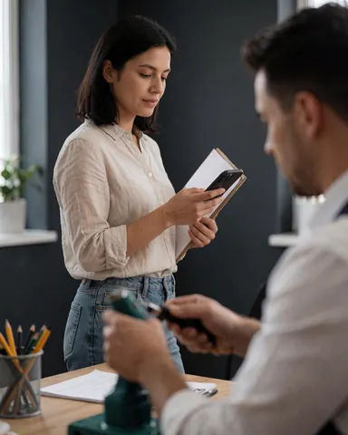 A satisfied customer reviews their smartphone in a contemporary office with gray walls while a professional works at a desk nearby.